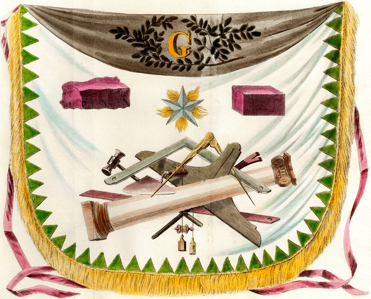 Macon frangin esiliina, joka kuvaa esiliinaa, joka koristaa vapaan auringon symboleja. Kaiverrus 1800-luvulta Yksityinen kokoelma tekijältä Unknown artist