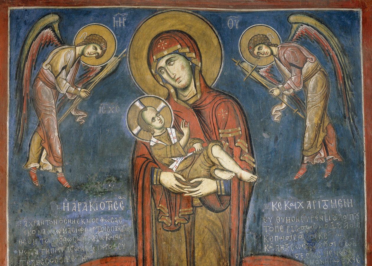 Madonna lapsen kanssa arkkienkelien välissä, fresko (1192), Panagia Tou Araka -kirkko (herneen neitsytkirkko) (Unescon maailmanperintölista, 2001), Lagoudera, Troodosvuoret, Kypros tekijältä Unknown artist