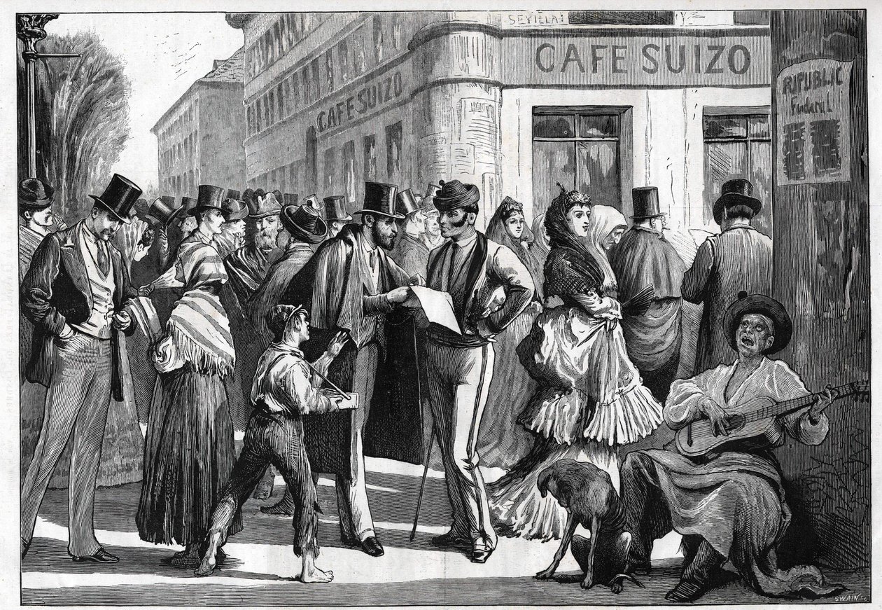 Madrid vuonna 1873. Kävelijöitä Sevilla Streetin ja Alcala Streetin kulmassa. Kaiverrus vuodelta 1873. tekijältä Unknown artist