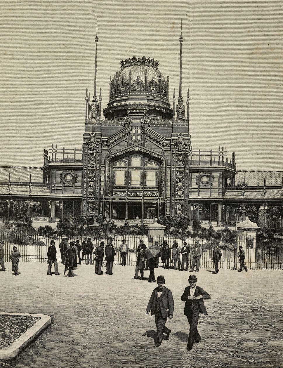 United Exhibitionsin pääjulkisivu, Milano, Italia, kaiverrus Trevesin veljesten valokuvasta, L