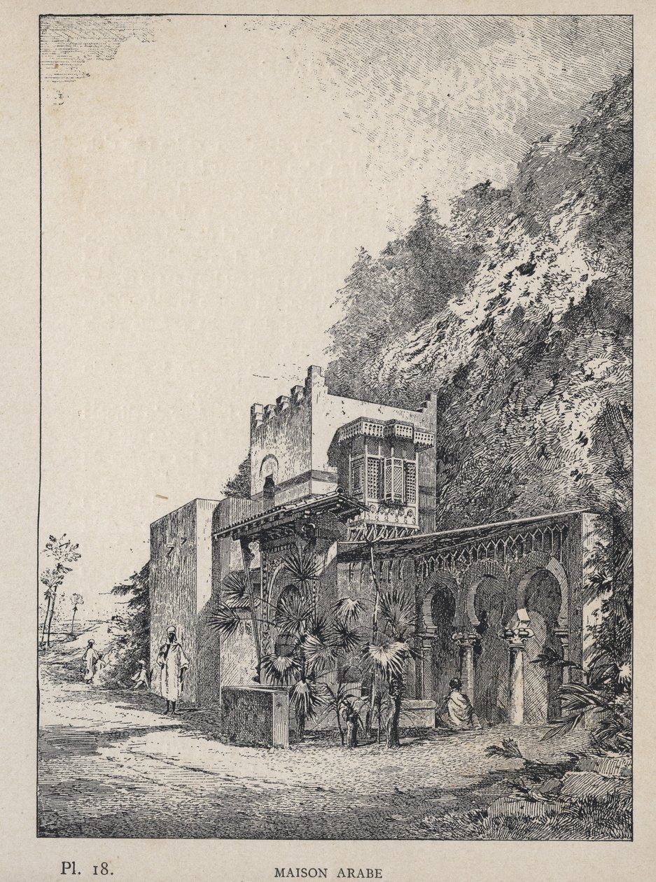 Arab House - kaiverrus vuodelta 1889 kirjassa "Ihmisasumisen historia vuoden 1889 yleisnäyttelyssä, Charles GARNIER - Librairie centrale des beaux-arts Paris 1889 tekijältä Unknown artist