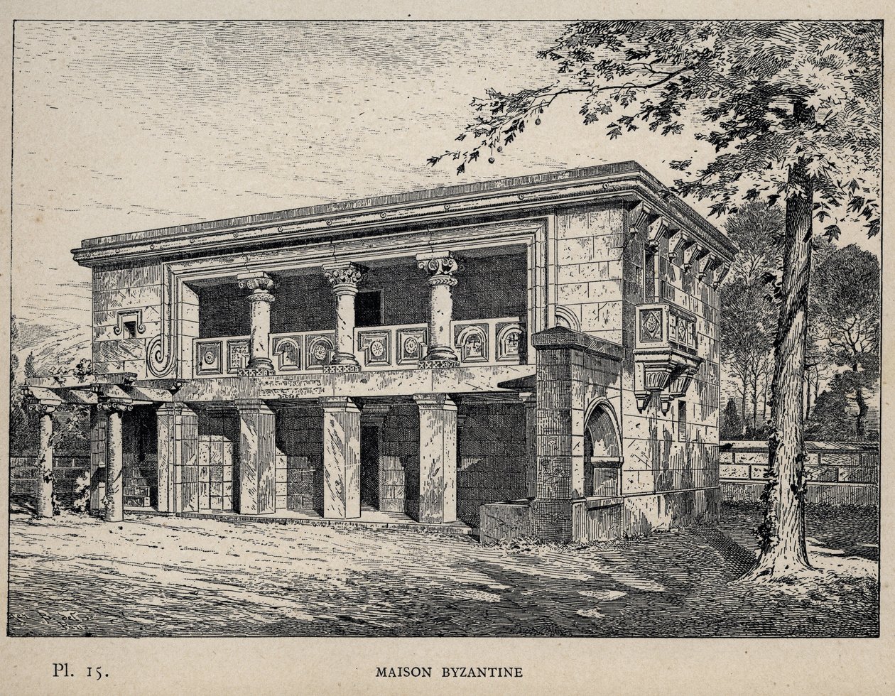 Maison Byzantine (Byzantine House) (kaiverrus vuodelta 1889 kirjassa "Ihmisasumisen historia vuoden 1889 yleisnäyttelyssä, Charles GARNIER - Librairie centrale des beaux-arts Paris 1889" tekijältä Unknown artist