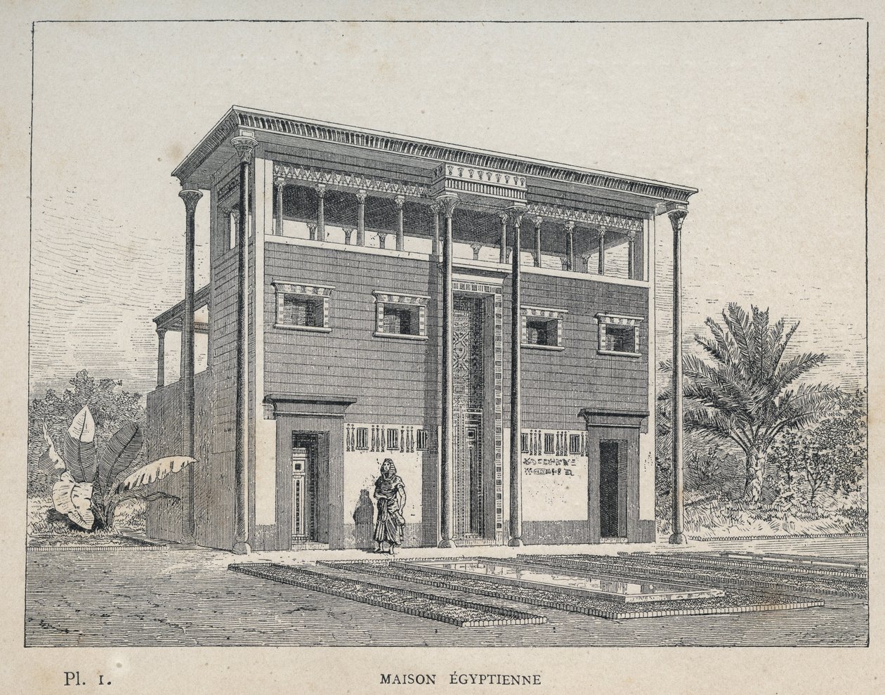 Egyptiläinen talo (egyptiläinen talo) - kaiverrus vuodelta 1889 Charles GARNIERin teokseen "Ihmisasumisen historia vuoden 1889 yleisnäyttelyssä - Librairie centrale des beaux-arts Paris 1889" tekijältä Unknown artist