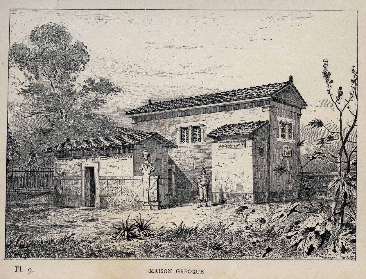 Maison Grecque (Kreikkalainen talo) - kaiverrus vuodelta 1889 Charles GARNIERin julkaisussa "Ihmisasumisen historia vuoden 1889 yleisnäyttelyssä - Librairie centrale des beaux-arts Paris 1889" tekijältä Unknown artist
