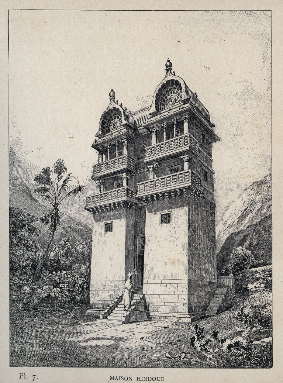 Maison Hindu (Hindu-talo) - kaiverrus vuodelta 1889 Charles GARNIERin julkaisussa "Ihmisasumisen historia vuoden 1889 yleisnäyttelyssä - Librairie centrale des beaux-arts Paris 1889" tekijältä Unknown artist