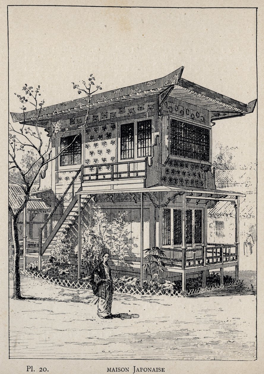 Japanilainen talo (japanilainen talo) - kaiverrus vuodelta 1889 Charles GARNIERin julkaisussa "Ihmisasumisen historia vuoden 1889 yleisnäyttelyssä - Librairie centrale des beaux-arts Paris 1889" tekijältä Unknown artist