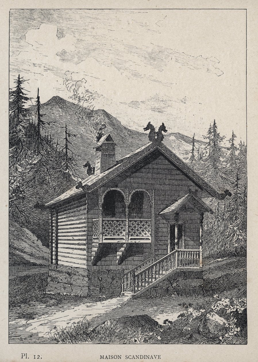 Maison Scandinavian (Scandinavian House) - kaiverrus vuodelta 1889 Charles GARNIERin teokseen "Ihmisasumisen historia vuoden 1889 yleisnäyttelyssä - Librairie centrale des beaux-arts Paris 1889" tekijältä Unknown artist