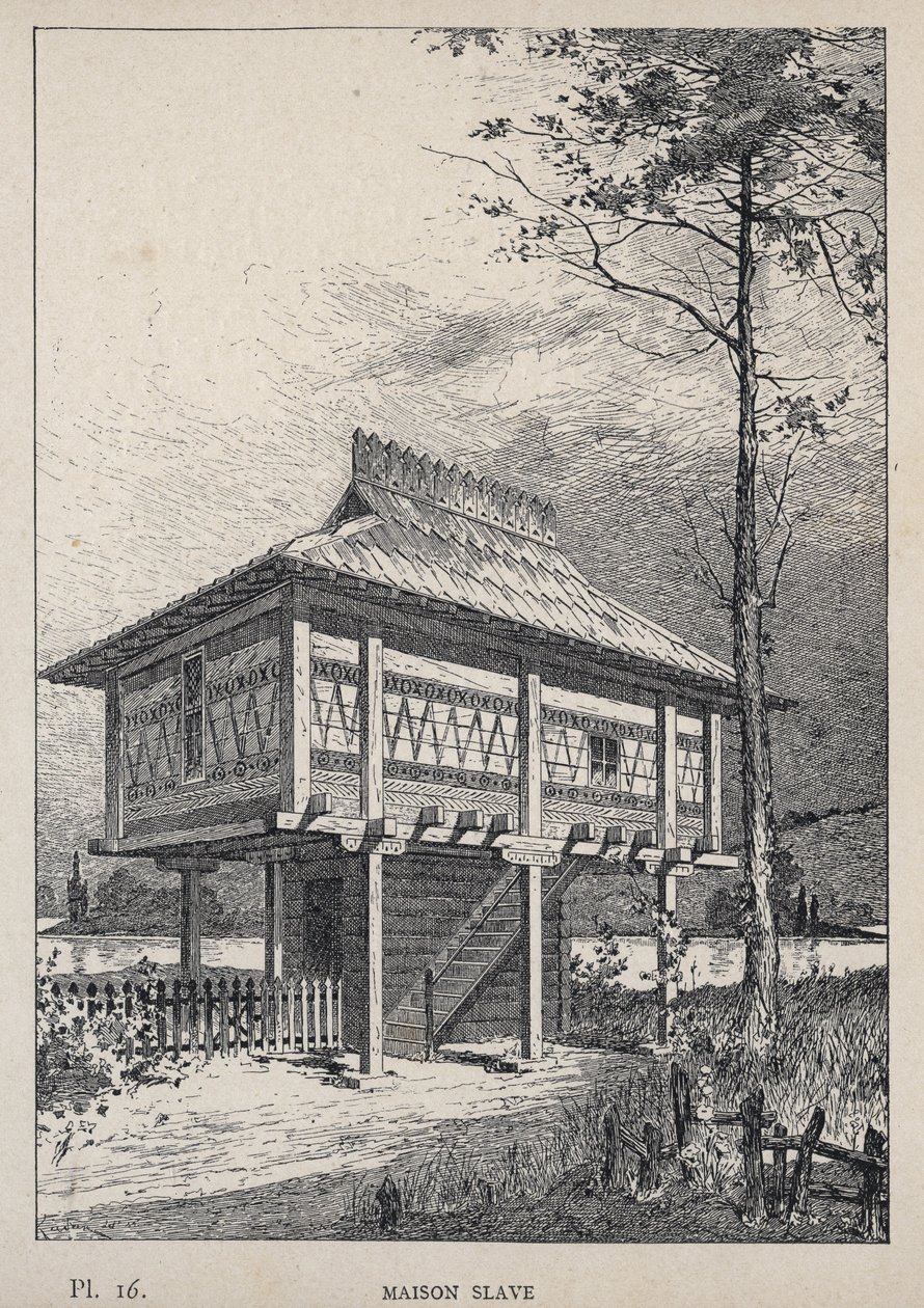 Maison Slave - kaiverrus vuodelta 1889 kirjassa "Ihmisasumisen historia vuoden 1889 yleisnäyttelyssä, Charles GARNIER - Librairie centrale des beaux-arts Paris 1889 tekijältä Unknown artist