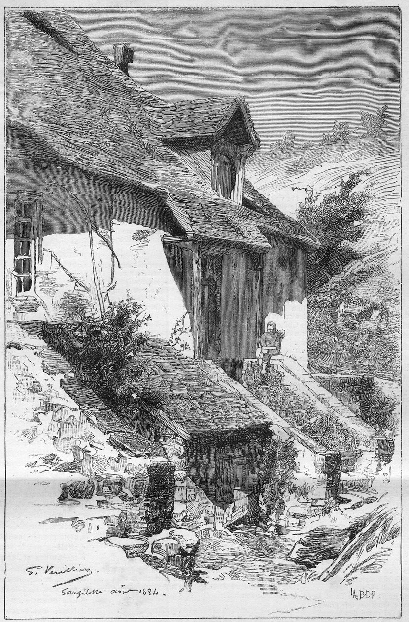House of George Sand (Aurore Dupin, Baronne Dudevant) (1804-1876), ranskalainen kirjailija, Gargilessessa (Indre) Creusen rannalla Ranskassa. Kaiverrus ""Maailmankuvaan"" tekijältä Unknown artist