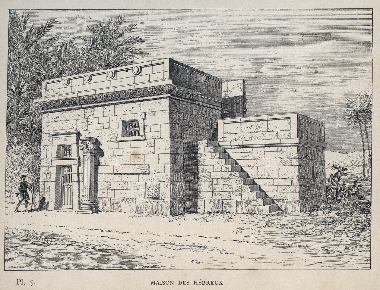 Maison des Hébreux - (heprealainen koti) kaiverrus vuodelta 1889 Charles GARNIERin kirjoittamassa "Ihmisasumisen historia vuoden 1889 yleisnäyttelyssä - Librairie centrale des beaux-arts Paris 1889" tekijältä Unknown artist