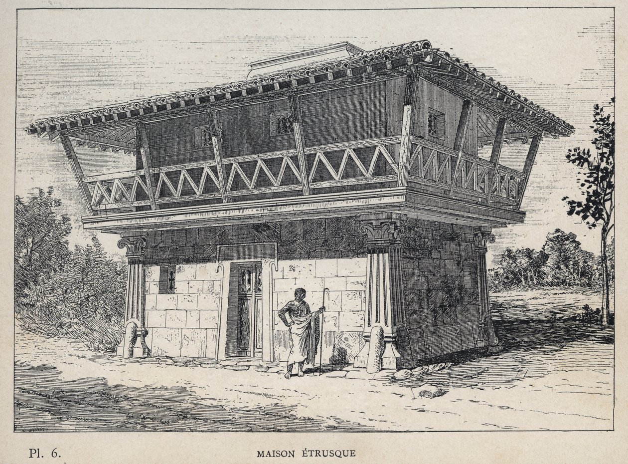 Maison etrusque (etruskien talo) - kaiverrus vuodelta 1889 Charles GARNIERin teokseen "Ihmisasumisen historia vuoden 1889 yleisnäyttelyssä - Librairie centrale des beaux-arts Paris 1889" tekijältä Unknown artist