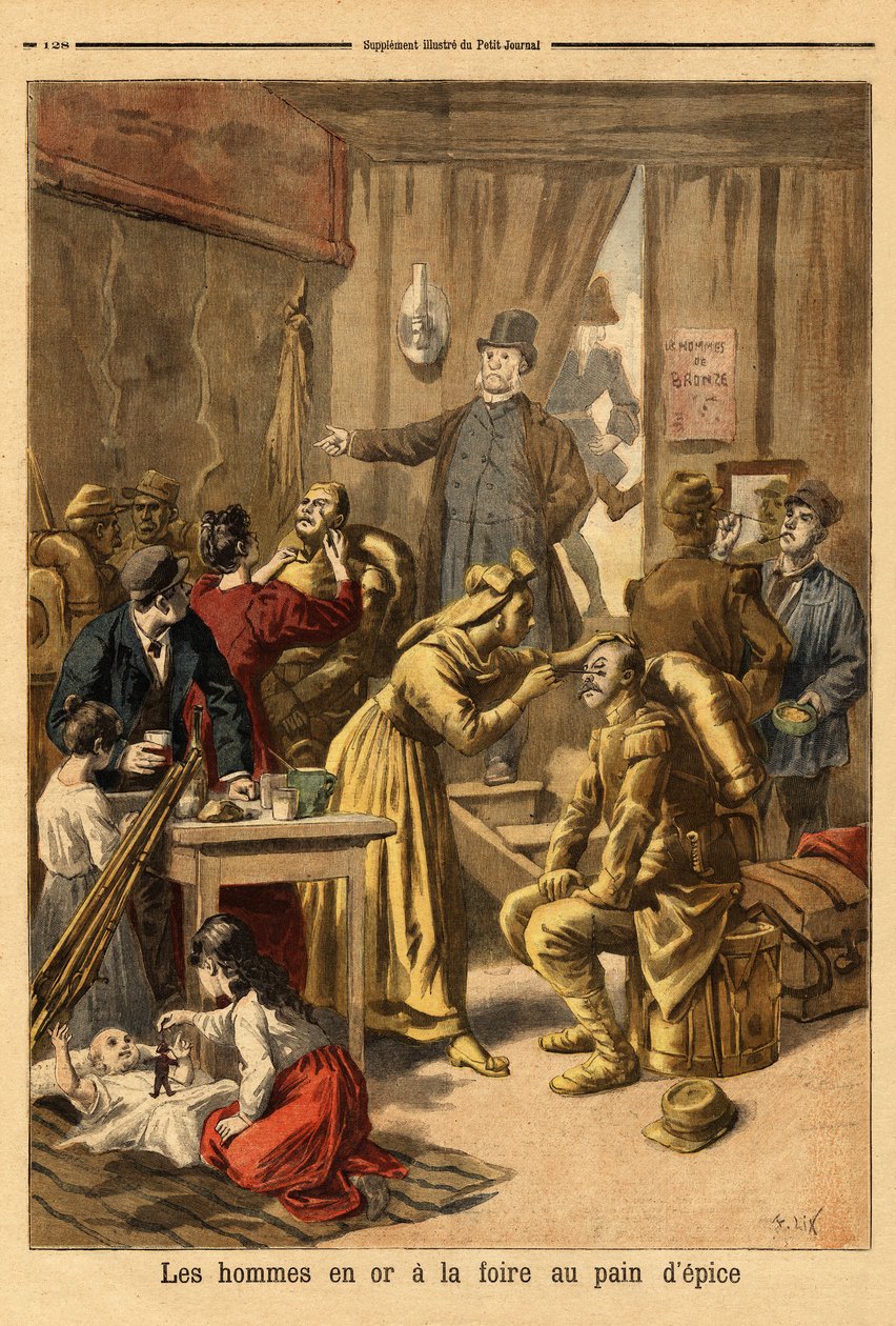 Meikit näyttelijöistä elävästä maalauksesta ""miehet kullassa""" piparkakkumessuille. Kaiverrus "" Le petit Journal" -lehdessä 16/04/1894. Selvan kokoelma. tekijältä Unknown artist