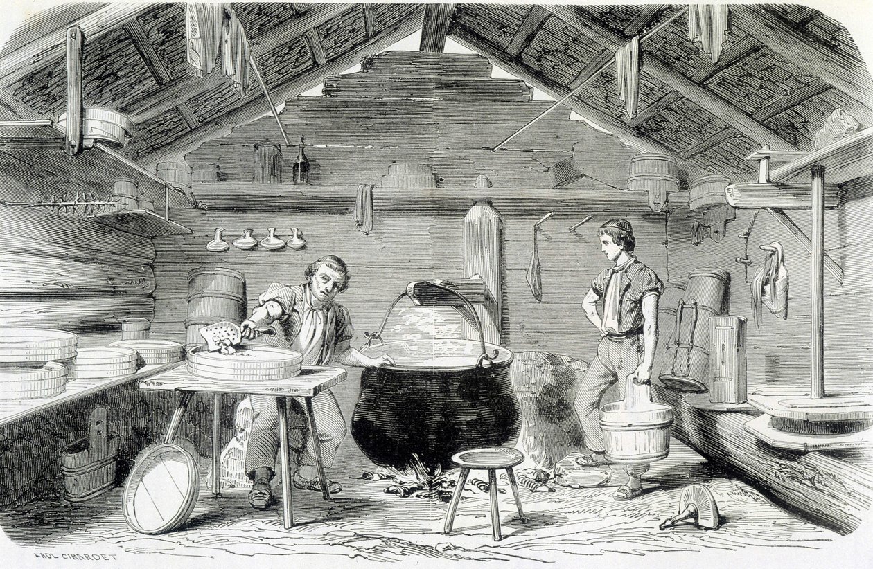 Gruyère-juuston valmistus sveitsiläisessä mökissä tai juustotehtaassa Alpeilla - Louis Figuierin teoksessa "Teollisuuden ihmeet" tekijältä Unknown artist