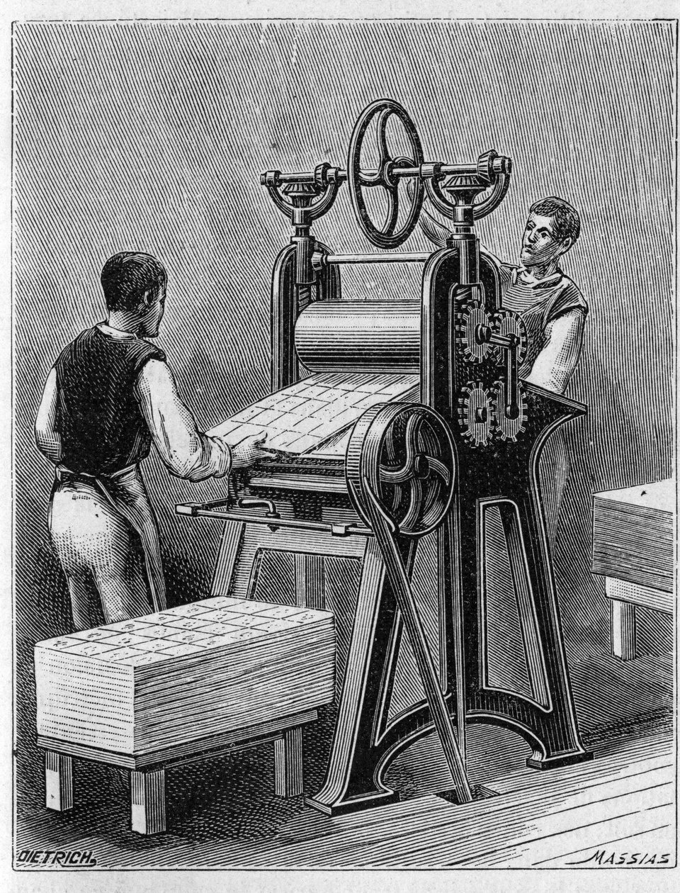 Korttien tekeminen pelattavaksi vanhoilla menetelmillä. Pelikorttien sylinteri. Kaiverrus vuodelta 1893. tekijältä Unknown artist