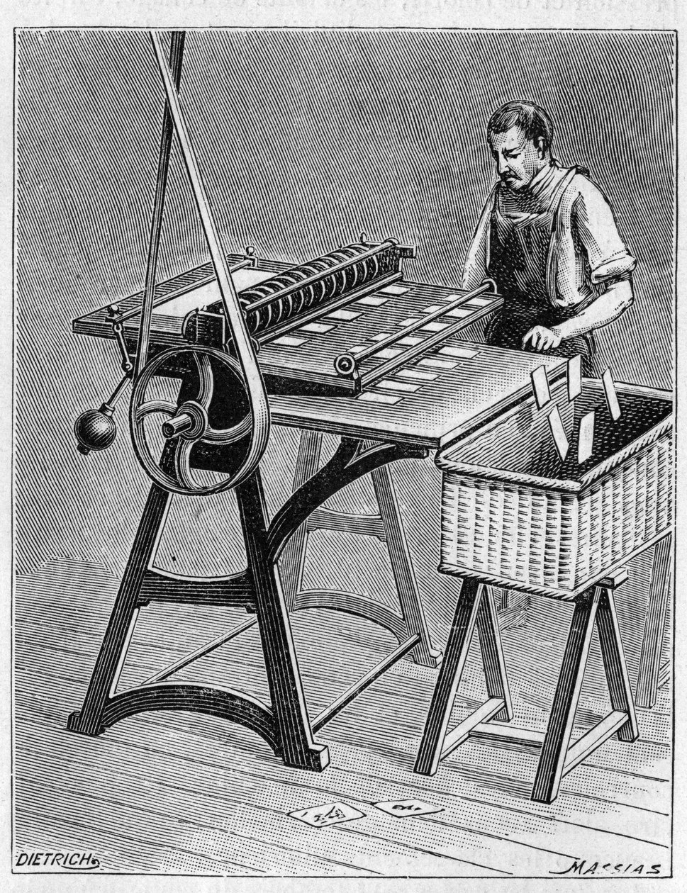Korttien tekeminen pelattavaksi vanhoilla menetelmillä. Pelikorttien decoupage. Kaiverrus vuodelta 1893. tekijältä Unknown artist