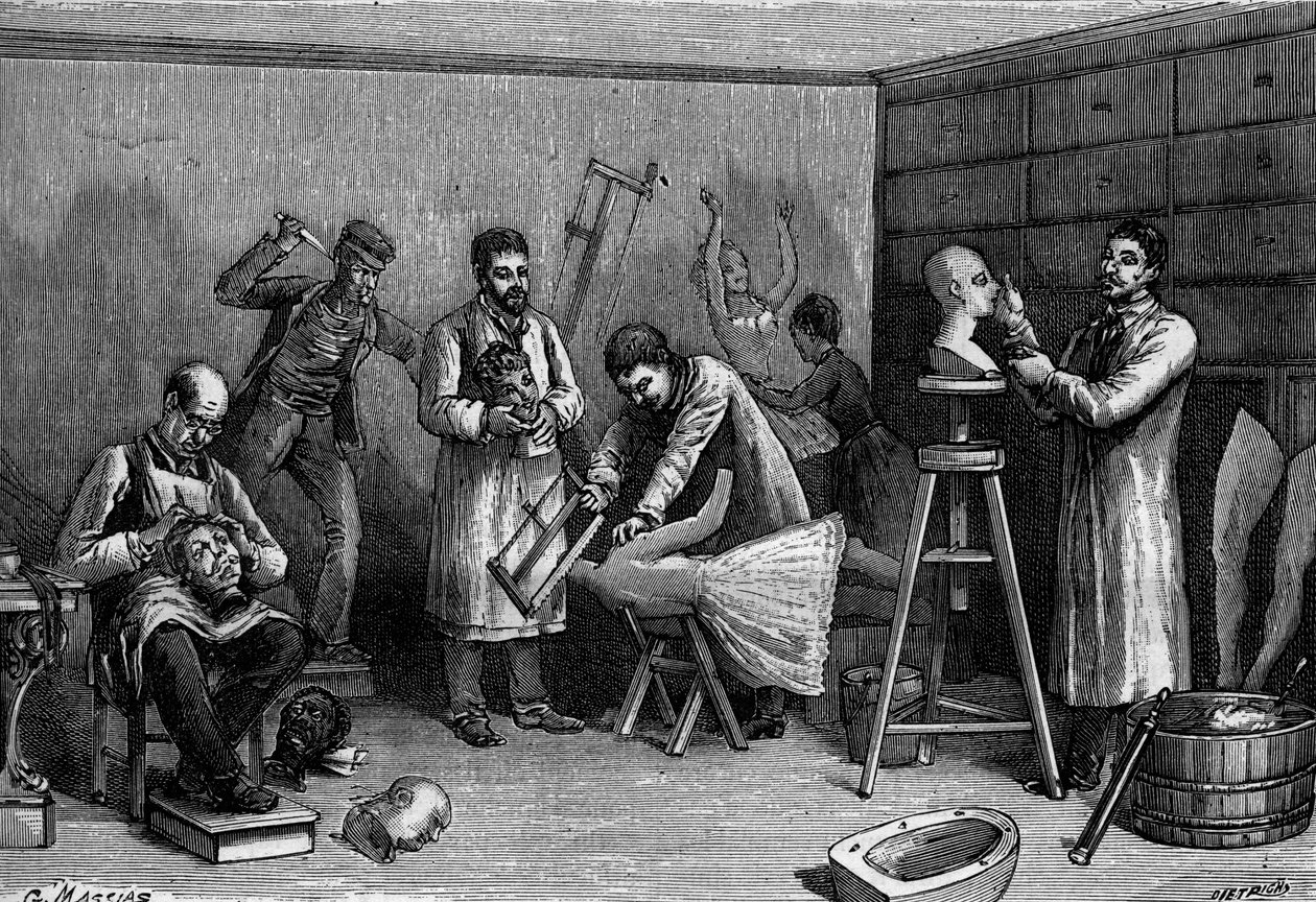 Tehdään vahahahmoja Musee Grevinissä Pariisissa. Kaiverrus "" Luontoon: katsaus tieteisiin ja niiden sovelluksiin taiteeseen ja teollisuuteen "", 21. huhtikuuta 1894. tekijältä Unknown artist