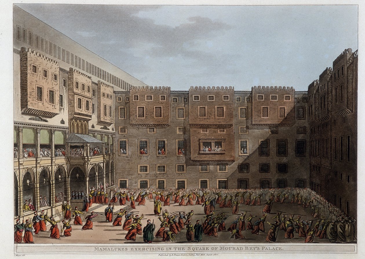 Mamelukit harjoittelemassa Palace Mourad Beyn pihalla - "Näkymiä Egyptissä, Palestiinassa ja muualla Ottomaanien valtakunnassa" tekijältä Unknown artist