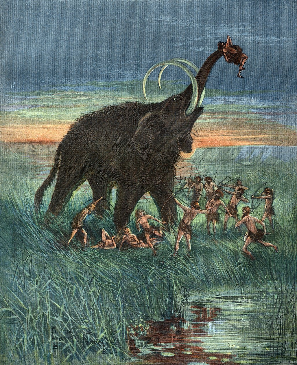 Mammuttien metsästyskohtaus, kivikausi. tekijältä Unknown artist