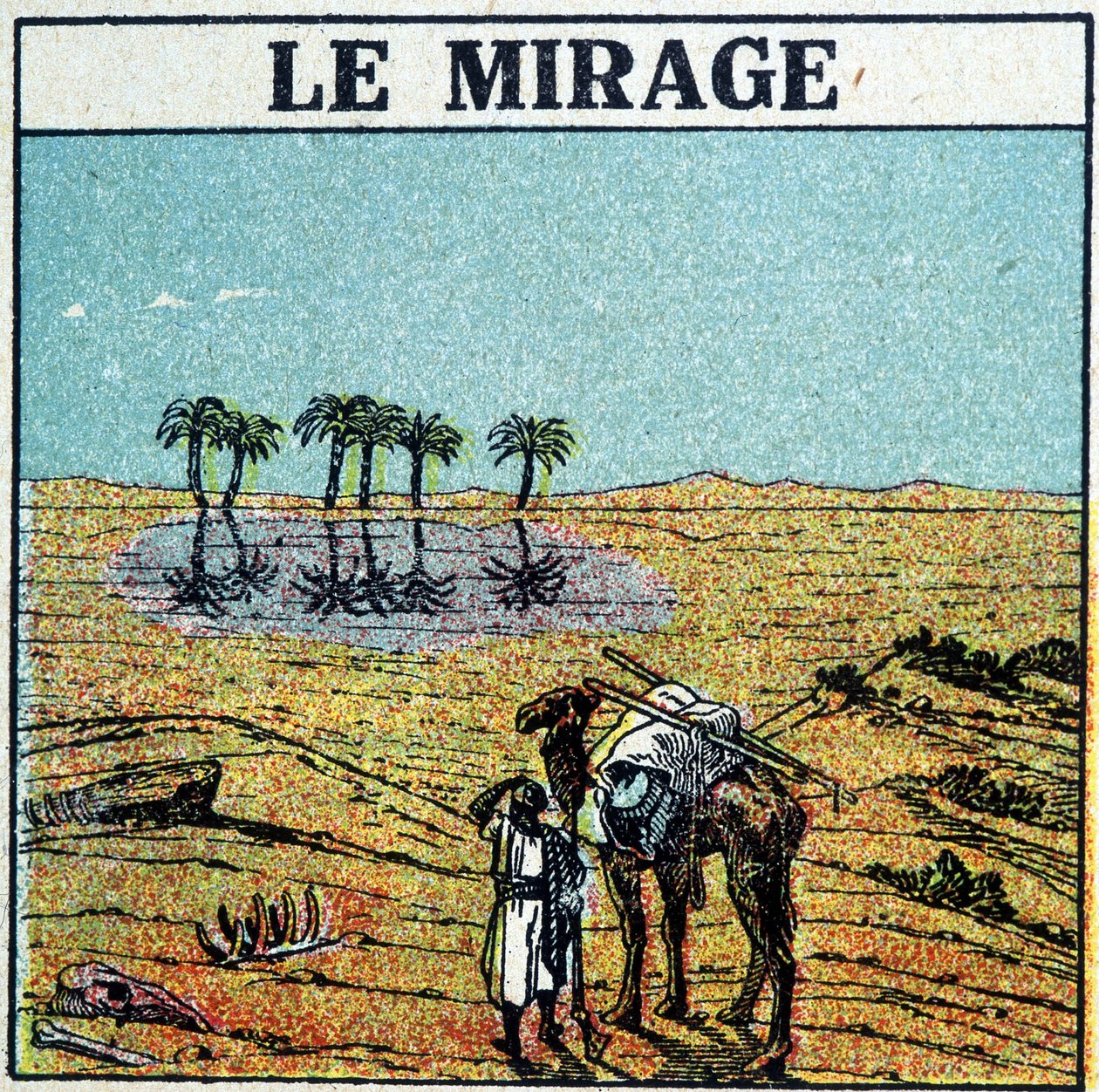 Mies autiomaassa, kamelinsa kanssa, edessään mirage. tekijältä Unknown artist