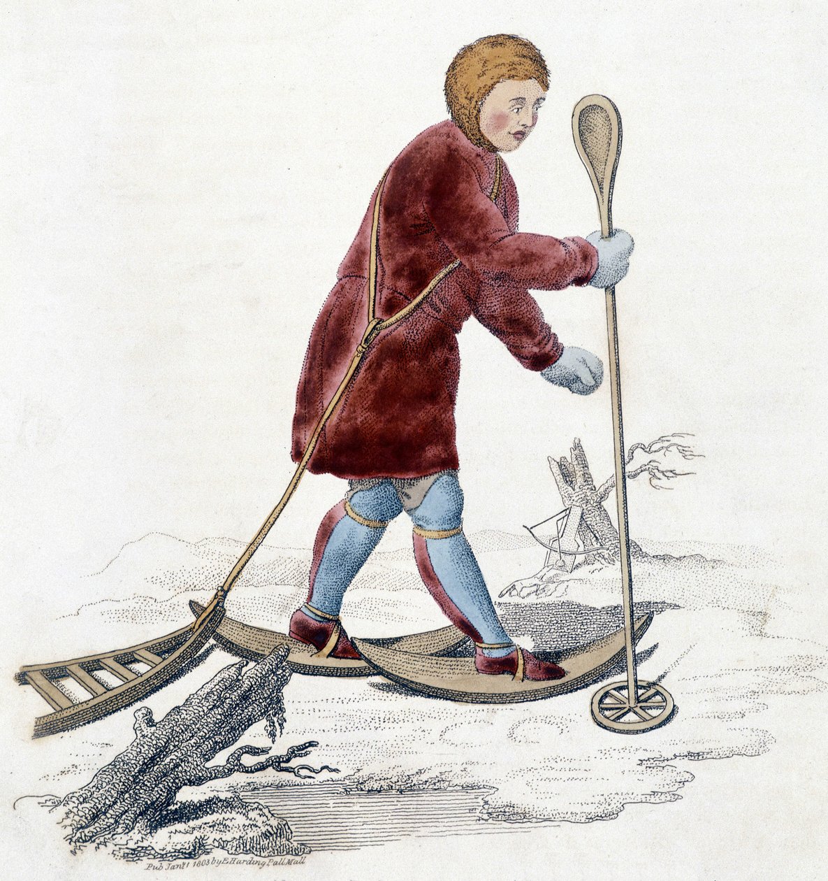 Ostiak-heimon (hanti tai khante) mies (Paleosiberian metsästäjäheimo perustettu Obin laakson keskialueen metsäalueelle) metsästää hermeliä. Kuvitus vuodelta 1803. tekijältä Unknown artist