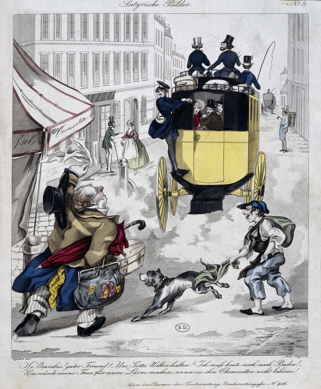 Mies puristaa puuttuu Omnibus. Sarjakuva tehty noin 1840 tekijältä Unknown artist