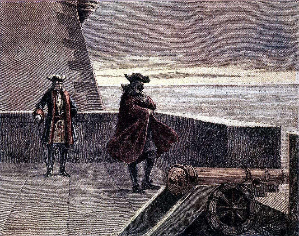 Mies rautanaamio tornissaan. 1800-luvun kaiverrus. tekijältä Unknown artist