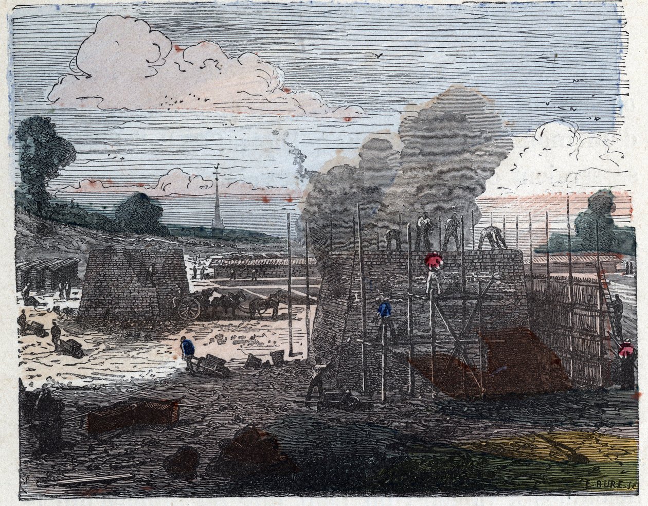 Tiilen valmistus 1800-luvulla: ruoanlaitto. Tiilet asetetaan kerroksittain ja peitetään sitten maalla ennen tuleen syttämistä. Kaiverrus 1800-luvun lopulla. tekijältä Unknown artist