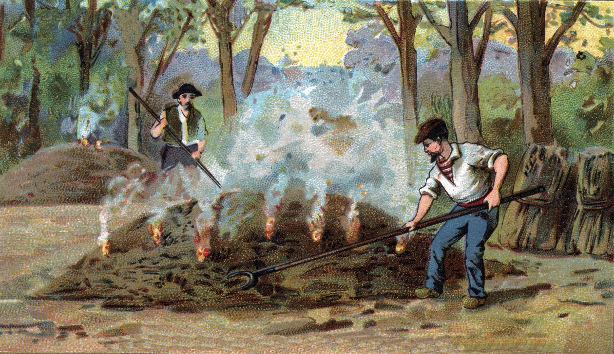 Puuhiilen, polttouunien valmistus. 1800-luvun lopun kromolitografia tekijältä Unknown artist