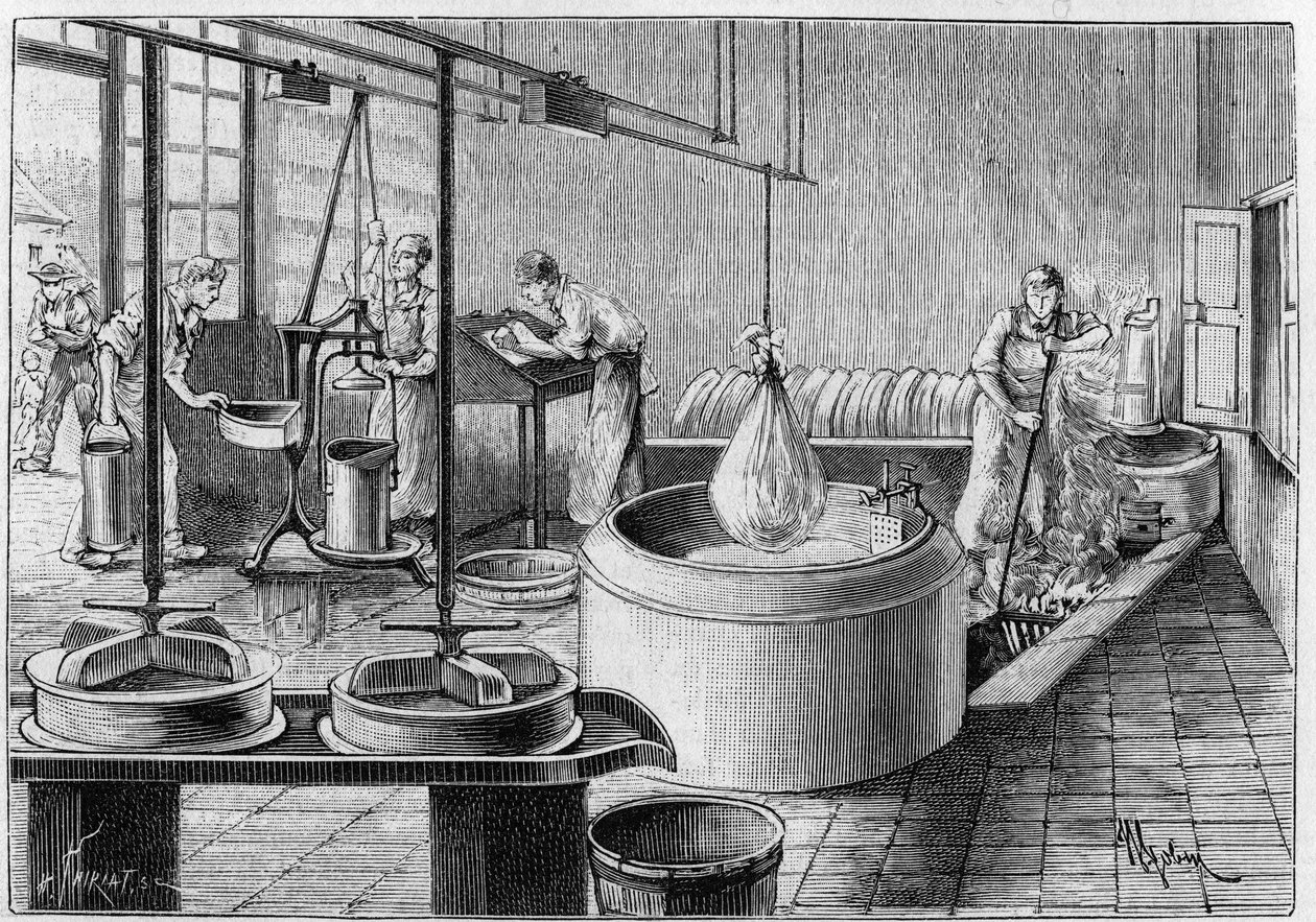 Gruyeren valmistus: moderni juustotehdas. Kaiverrus "" Luontoon: katsaus tieteisiin ja niiden sovelluksiin taiteeseen ja teollisuuteen" 19. syyskuuta 1891. tekijältä Unknown artist