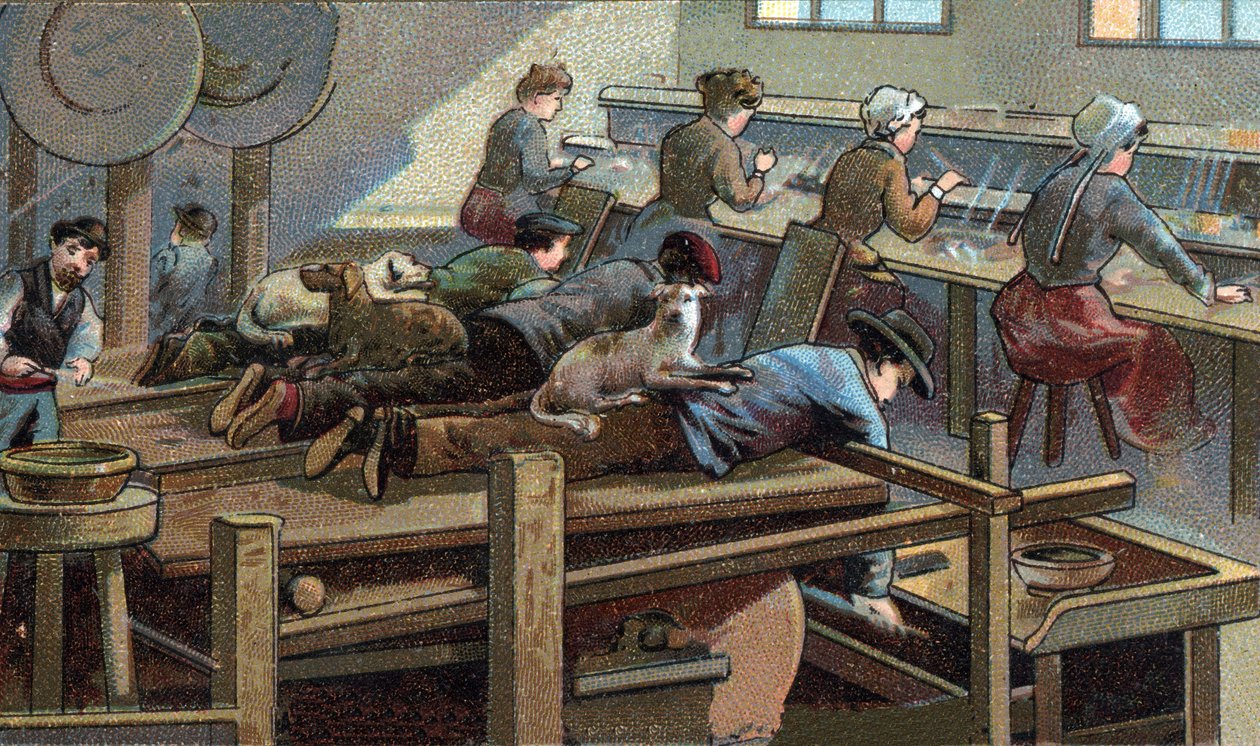 Veitsien valmistus, muovauspaja. 1800-luvun lopun kromolitografia tekijältä Unknown artist