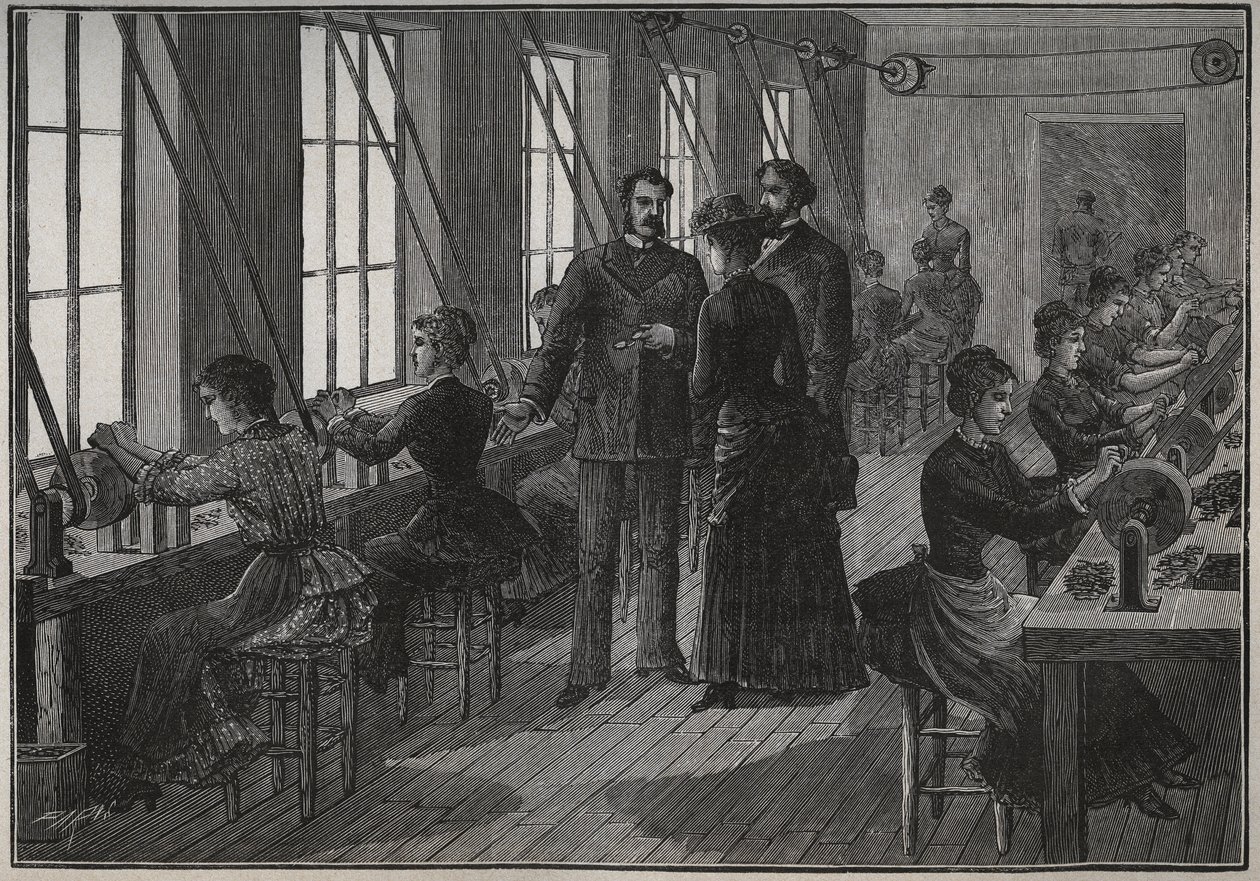 Metallihöyhenten valmistus: teroituspaja Ranskassa 1800-luvulla. Kaiverrus vuodelta 1885 kirjassa "Les arts et metiers illustres", kirjoittanut Adolphe BITARD. tekijältä Unknown artist
