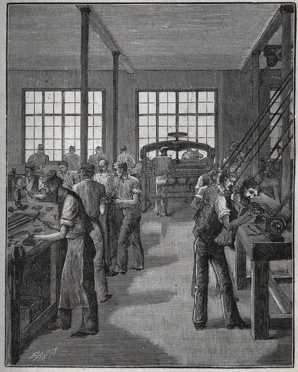 Kynätelineen (kynäpidikkeen) ja kynätelineen (kynäteline) valmistus. Kaiverrus vuodelta 1885 kirjassa "Les arts et metiers illustres", kirjoittanut Adolphe BITARD. tekijältä Unknown artist