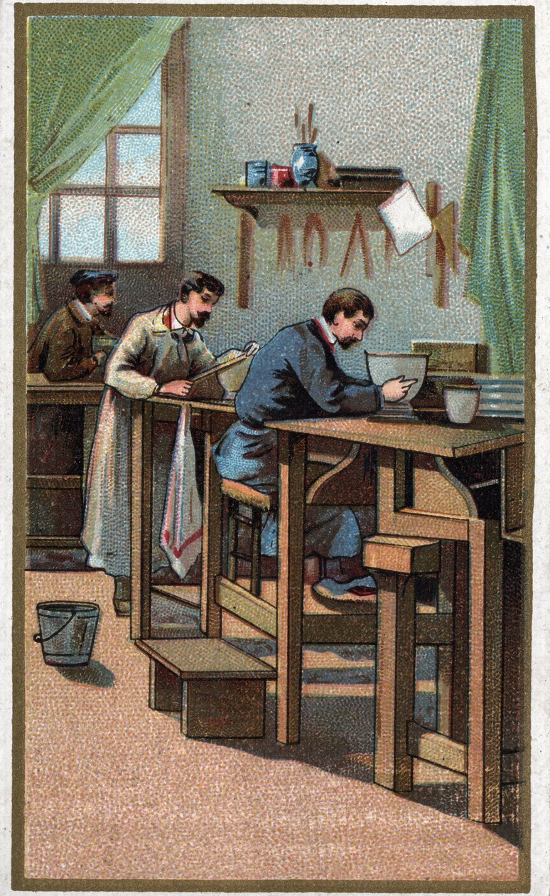 Posliinin valmistus: sorvaus. 1800-luvun lopun kromolitografia tekijältä Unknown artist