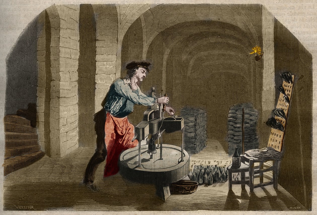 Samppanjakuohuviinin valmistus: kellarissa käytettävä pullotuskone. Kaiverrus vuodelta 1858 "" Le Musee Des Sciences -kirjassa" tekijältä Unknown artist