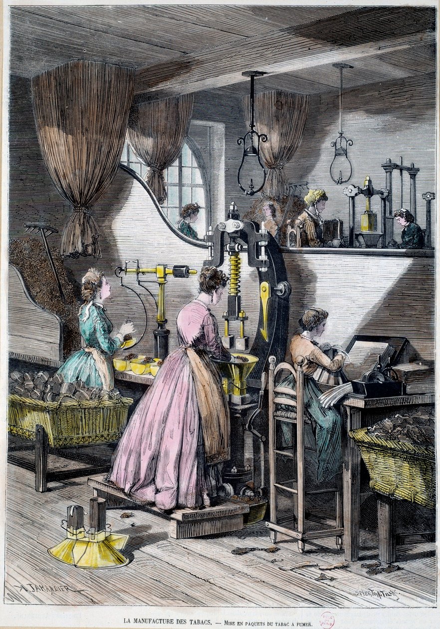Tupakan valmistus, tupakointitupakan pakkaaminen. Litografia vuodelta 1867 Pariisi, Musee Carnavalet tekijältä Unknown artist
