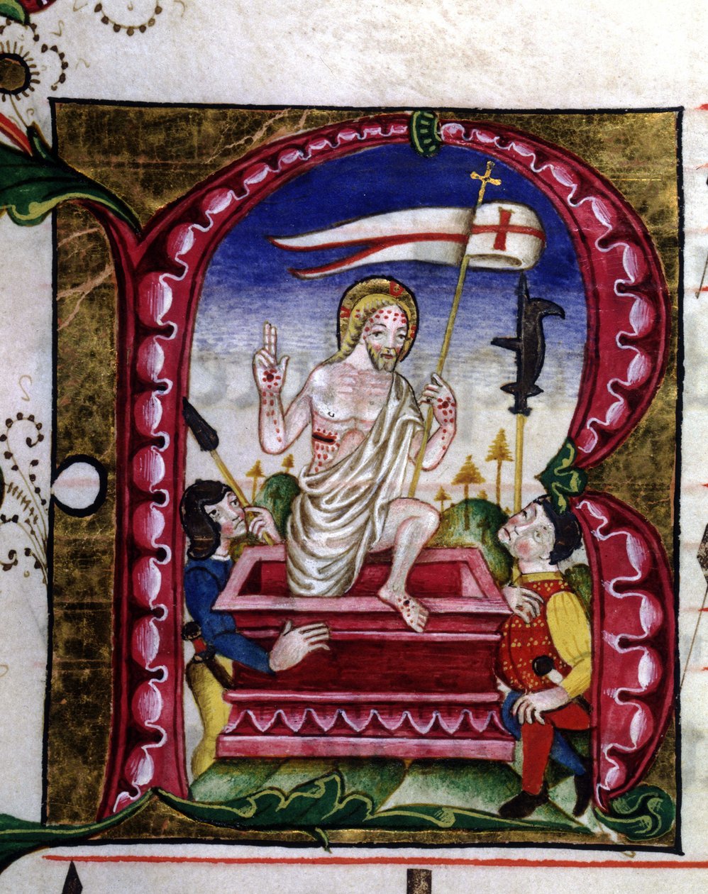 Liturgisen laulun käsikirjoitus. Pienoismalli, joka esittää ylösnousemusta. 15-luvulla. Lodin kruunatun neitsyen kirkko. tekijältä Unknown artist