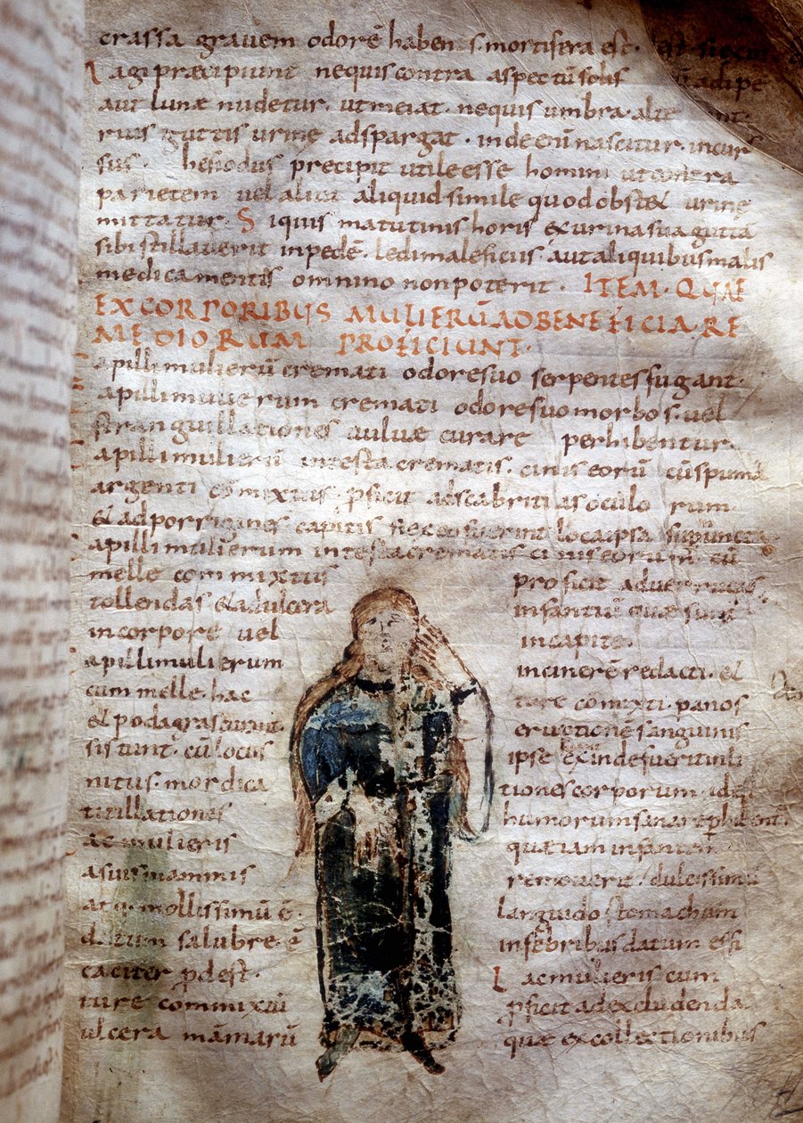Käsikirjoitussivu Claude Galienin "On the Simple Drugs" -julkaisusta (Klaudios Galenos tai Claudio Galeno tai Claudius Galenus tai Galen, v. 131 - v. 201). 8. tai 9. vuosisadalla. Luccan hallinto. tekijältä Unknown artist