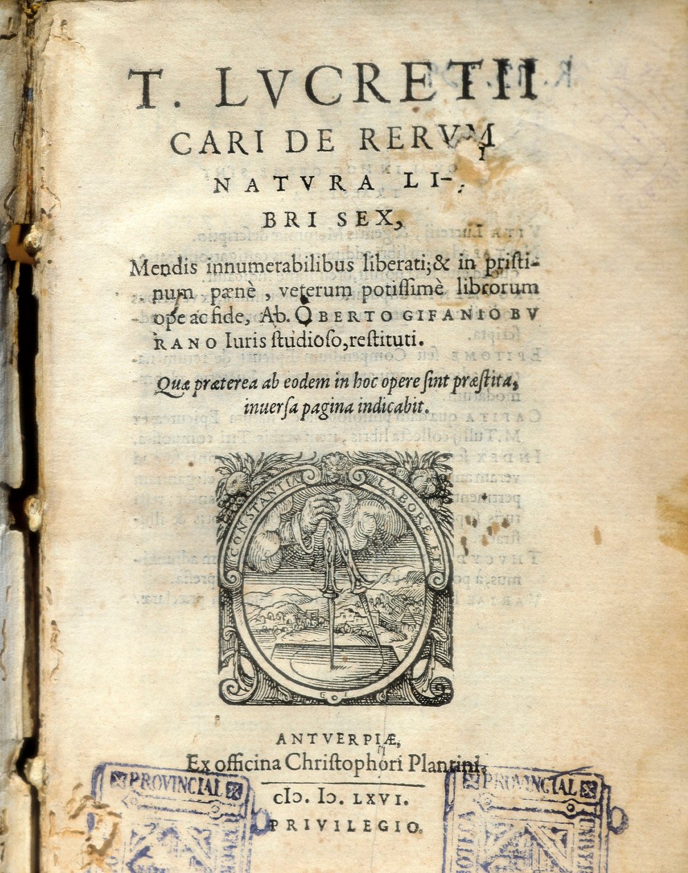 Latinalaisen filosofin Lucrecen (Titus Lucretius Carus) (98-55 eKr.) "" De natura rerum " (Luonnosta) osan 6 käsikirjoitussivu 1564 tekijältä Unknown artist