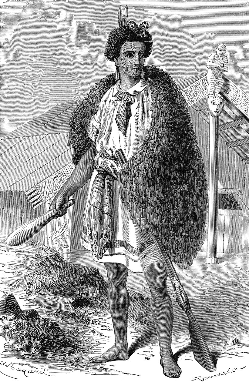 Maori-kokki AUCKLANDin läheisyydessä, Uudessa-Seelannissa. Kaiverrus 1885 tekijältä Unknown artist
