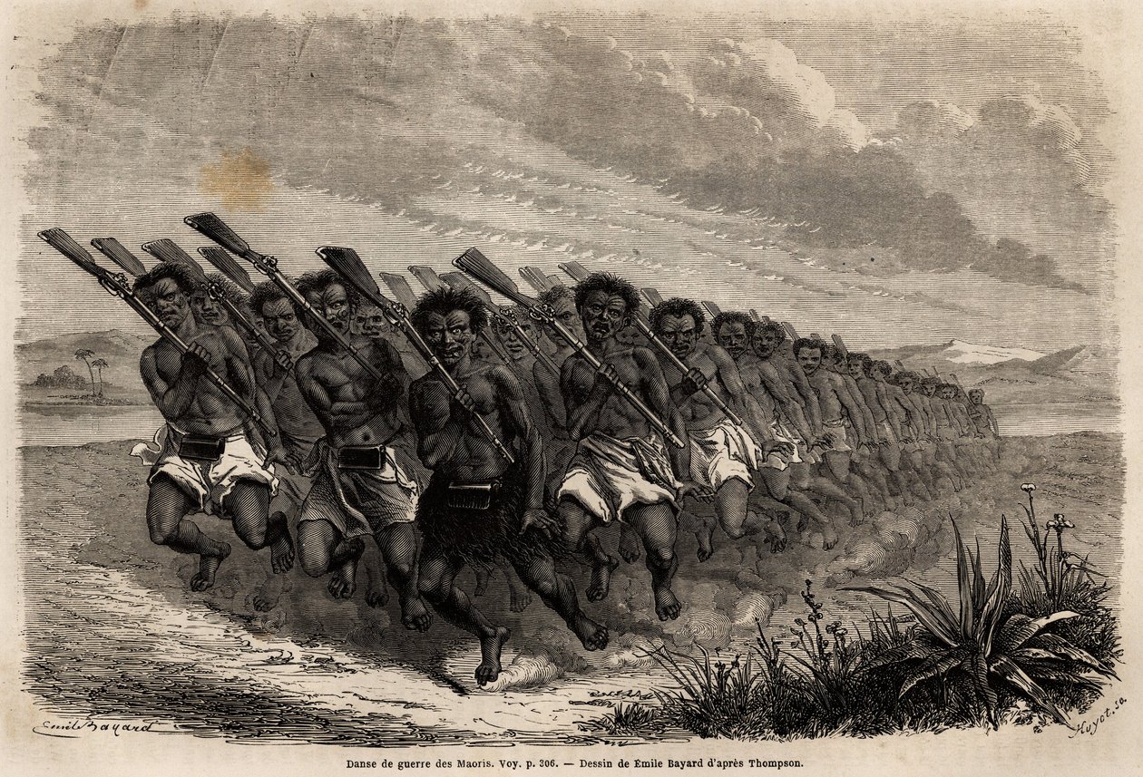 Maori-sotatanssi, Emile Bayardin (1837-1891) piirustus havainnollistamaan Ferdinand de Hochstetterin matkaa Uuteen-Seelantiin vuosina 1858-1860. Kaiverrus kirjaan "" Le tour du monde", toimittanut Edouard Charton tekijältä Unknown artist