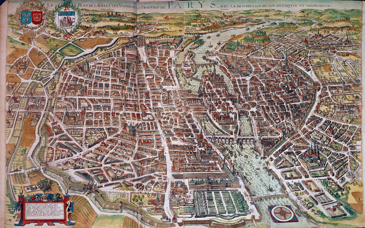 Pariisin kartta ja kartta, josta on näkymät saarille ja esikaupunkialueille. 17. vuosisata. Paris, B.N. tekijältä Unknown artist