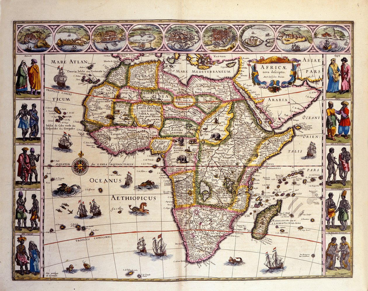 Afrikan kartta William Blaeun atlasista. Huipulla ovat kaupungit Tanger, Ceuta, Alger, Tunis, Aleksandria, Alcair, Mosambik, Saint Georges de la Mina ja Kanariansaaret. Useat saaret ovat edustettuina myös Afrikan edustalla, Mascareignes-saaret, Mada tekijältä Unknown artist