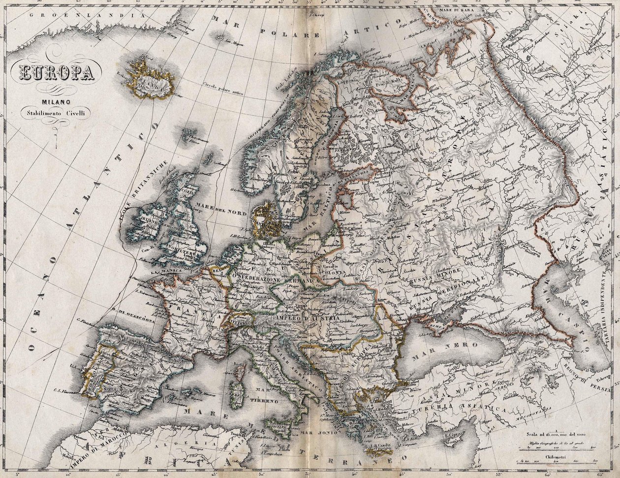 Euroopan kartta. 1800-luvun toinen puoli. Italian atlas. Stabilimento Civelli. Milano. tekijältä Unknown artist