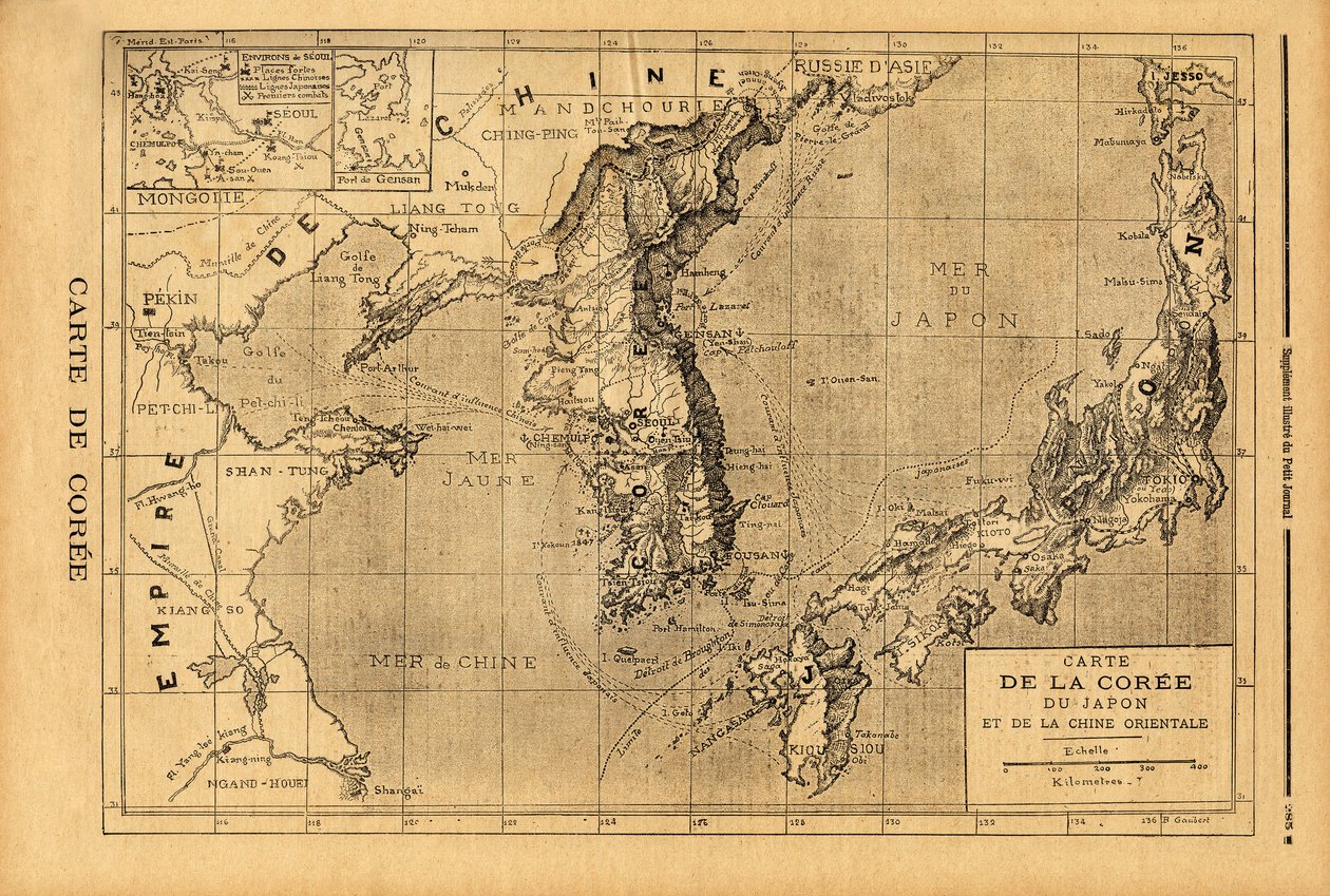 Korean, Japanin ja Itä-Kiinan kartta. Kaiverrus "" Le petit Journal" -lehdessä 3.9.1894. Selvan kokoelma. tekijältä Unknown artist