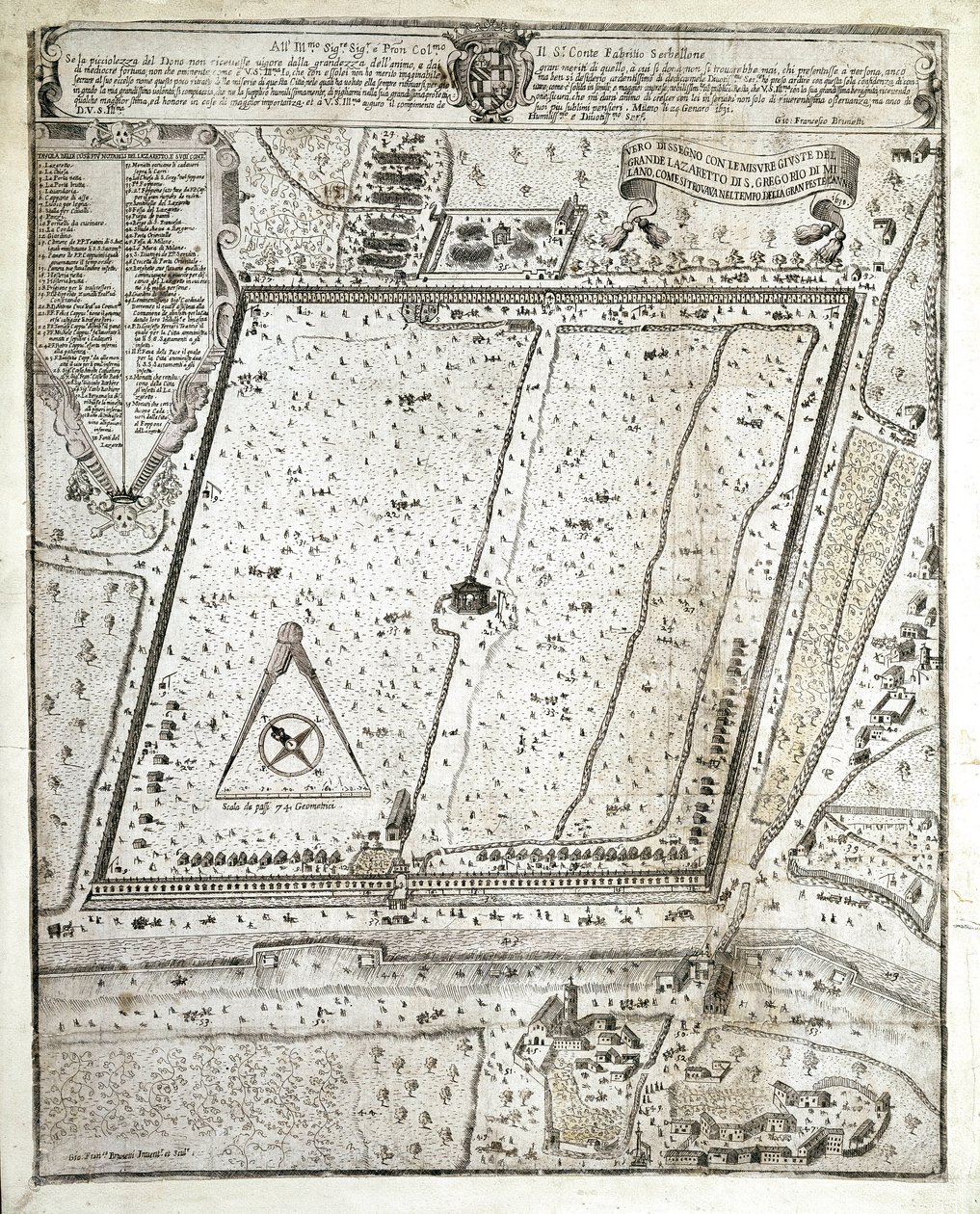 Kartta Milanon lazaretista Milanon suuren ruton aikana vuonna 1630 (piirustus tekijältä Unknown artist