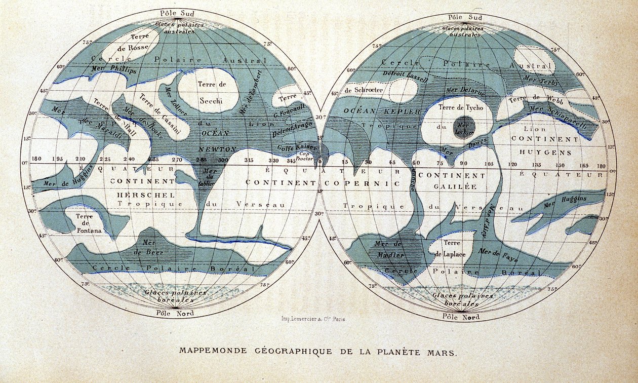Map of the Planet Mars - in "" Popular Astronomy"", kirjoittanut Camille Flammarion, toim. Marpon & Flammarion tekijältä Unknown artist