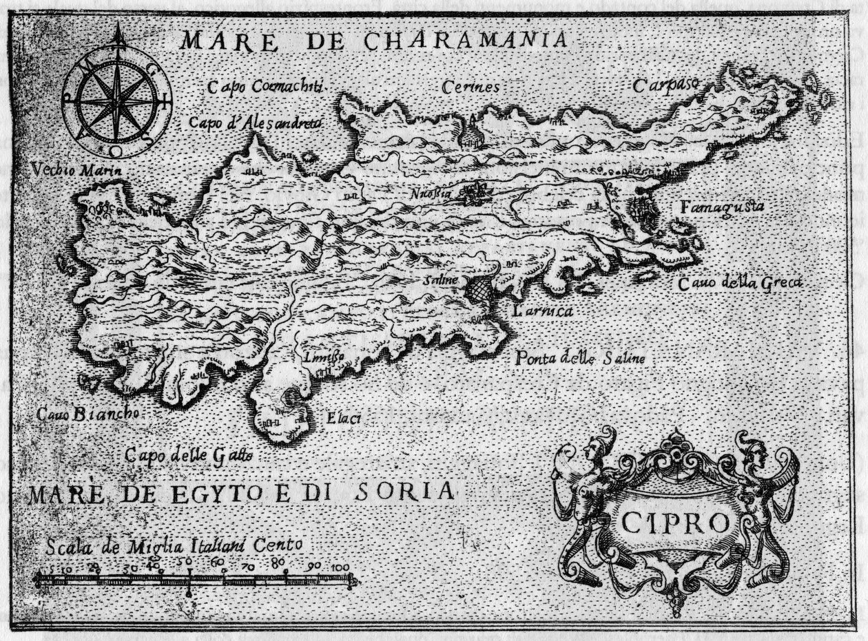 Kartta Kyproksen saaresta (Kypros) vuonna 1587 "" Jerusalemin omistautunein matka "". tekijältä Unknown artist