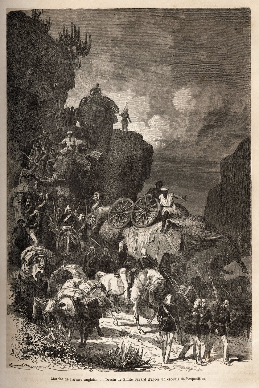 Englannin armeijan marssi Dalantan tasangolle keisari Theodoroksen (noin 1818-1868) joukkojen jälkeen norsujen kanssa tykistökappaleiden kuljettamiseen. Kaiverrus havainnollistamaan tarinaa "" Les captifs de Theodoros"", kirjoittanut tohtori Henry Blanc tekijältä Unknown artist