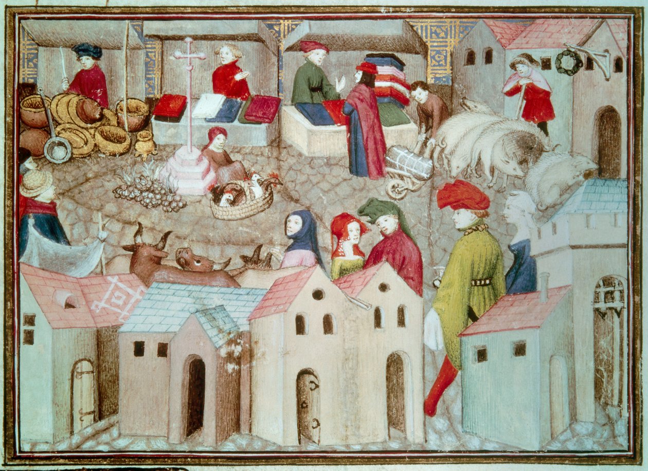 Marche de Champeaux Pariisissa Betail ja siipikarjakauppiaat, verhot. Miniatyyri otettu Thomas de Salucesin (Tommaso III di Saluzzo) "Vaeltavasta ritarista" noin 1403-1404. Paris, B.N. tekijältä Unknown artist