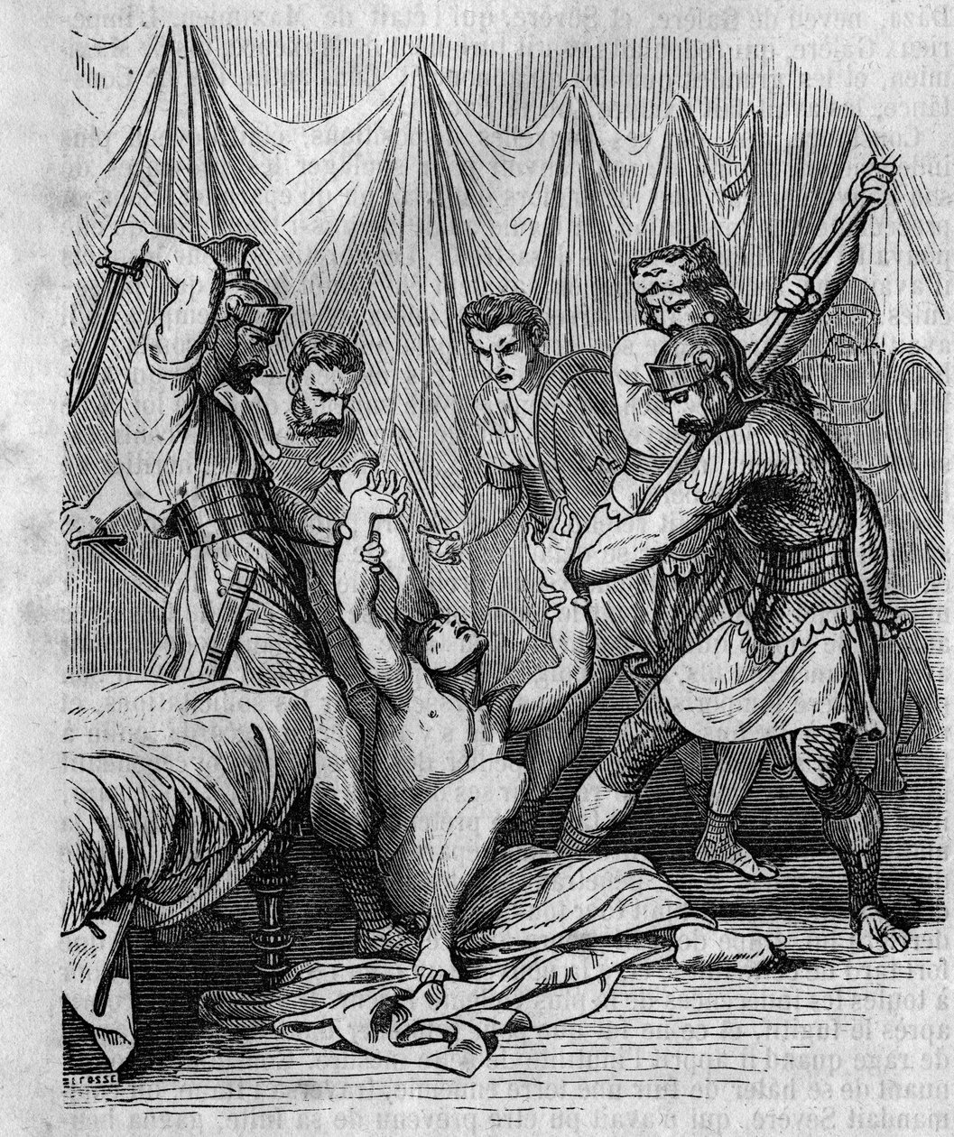 Marcus Hordeonius Flaccus Rooman senaattorin verilöyly omien sotilaidensa toimesta 1. vuosisadalla. Kaiverrus 1800-luvulta. tekijältä Unknown artist